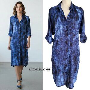 MICHAEL KORS Denim Blue Tie Dye Print Shirtdress Tabbed Sleeves Blue & Black S